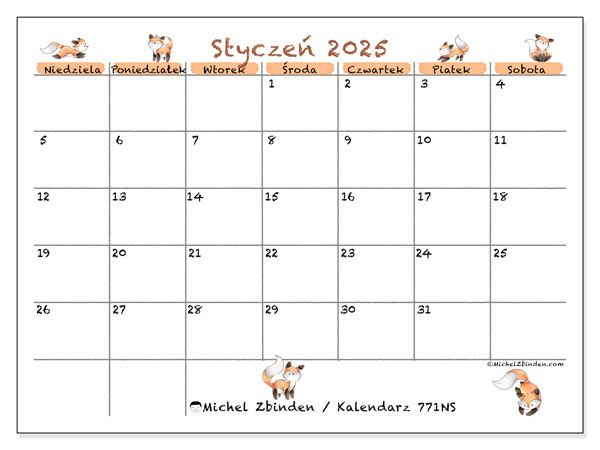 Kalendarz styczen 2025 “771”. Darmowy kalendarz do druku.. Od niedzieli do soboty