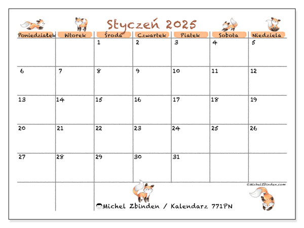 Kalendarz styczen 2025 “771”. Darmowy kalendarz do druku.. Od poniedziałku do niedzieli