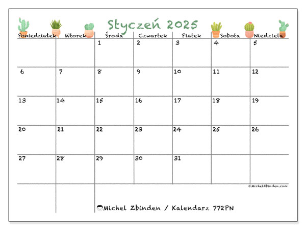 Kalendarz styczen 2025 “772”. Darmowy plan do druku.. Od poniedziałku do niedzieli