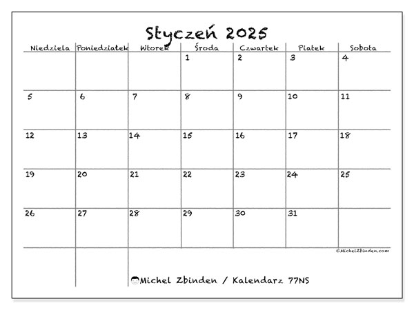 Kalendarz styczen 2025 “77”. Darmowy kalendarz do druku.. Od niedzieli do soboty
