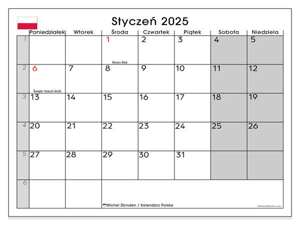 Kalendarz styczen 2025 “Polska”. Darmowy kalendarz do druku.. Od poniedziałku do niedzieli