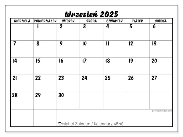 Kalendarz do druku, wrzesień 2025, 45NS