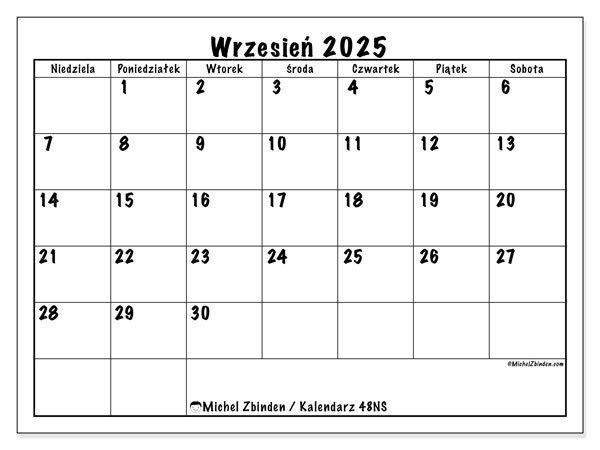 Kalendarz do druku, wrzesień 2025, 48NS