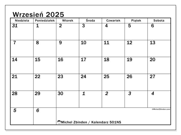 Kalendarz do druku, wrzesień 2025, 501NS