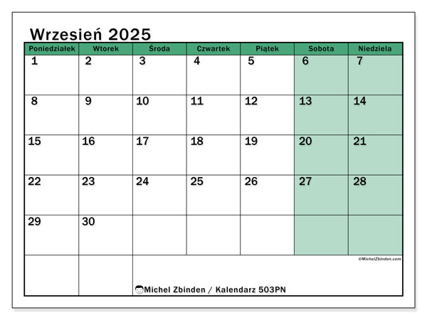 Kalendarz do druku, wrzesień 2025, 503PN
