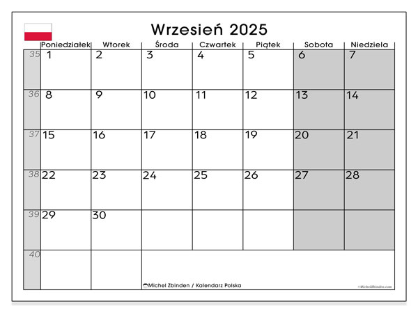 Kalender zum Ausdrucken, September 2025, Polen