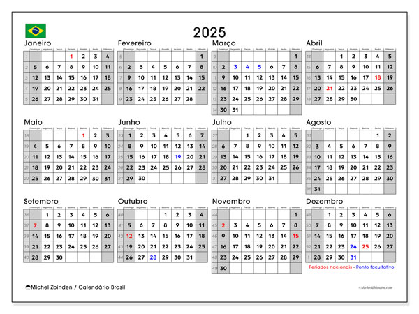 Kalender att skriva ut, årlig 2025, Brasilien (DS)