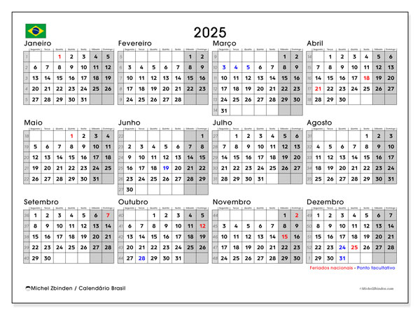 Kalender om af te drukken, annuel 2025, Brazilië (SD)
