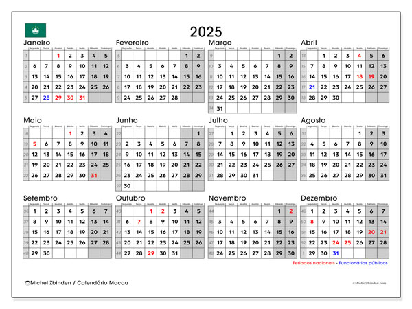 Kalender 2025, Macau (PT). Gratis printbare kaart.