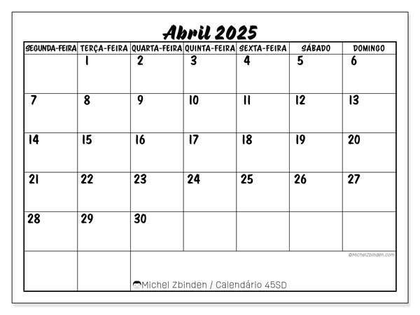 Calendário para imprimir, Abril 2025, 45SD