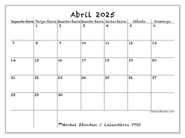Calendário para imprimir, Abril 2025, 77SD