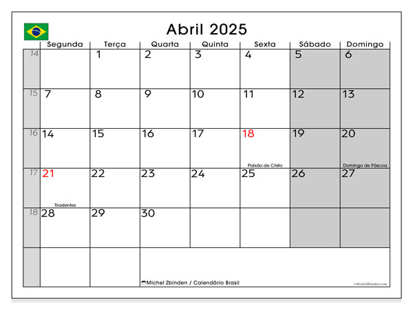 Kalender til udskrivning, april 2025, Brasilien (SD)