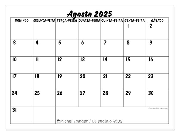Calendário para imprimir, Agosto 2025, 45DS