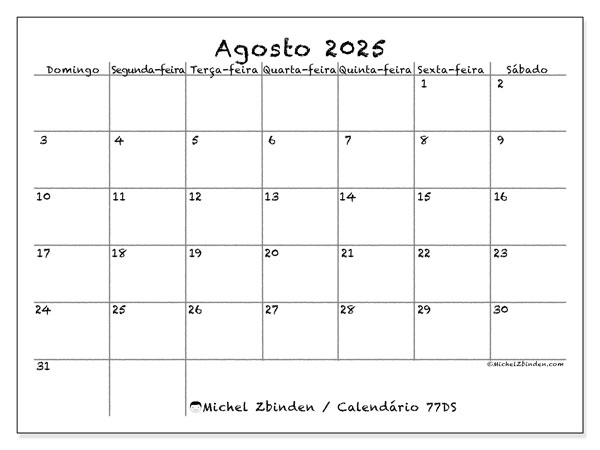 Calendário para imprimir, Agosto 2025, 77DS