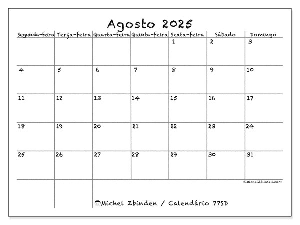 Calendário para imprimir, Agosto 2025, 77SD