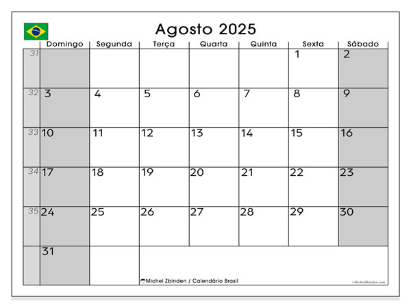 Kalender til udskrivning, august 2025, Brasilien (DS)