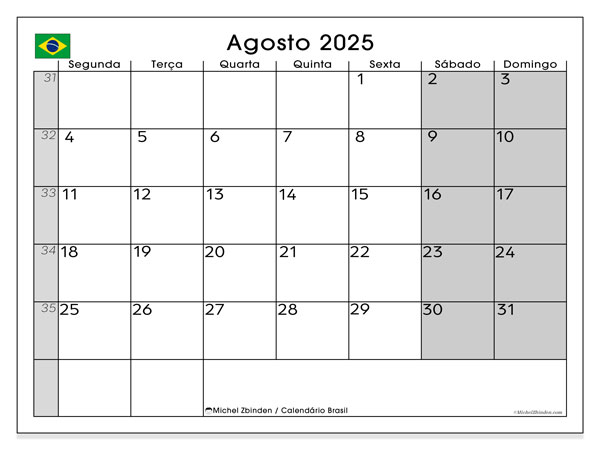 Tulostettava kalenteri, elokuu 2025, Brasilia (SD)