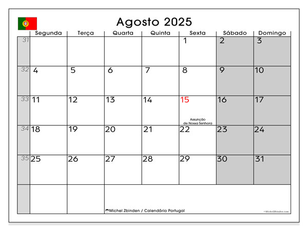 Calendário para imprimir, Agosto 2025, Portugal