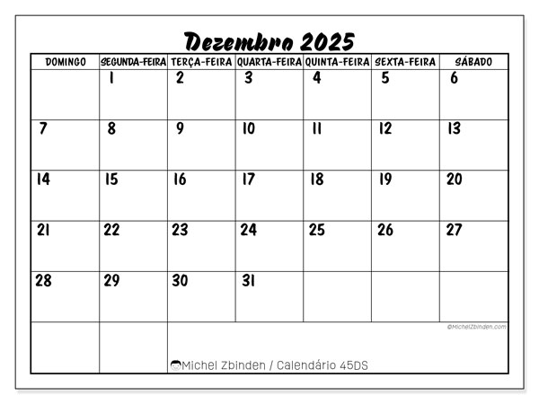 Calendário para imprimir, Dezembro 2025, 45DS