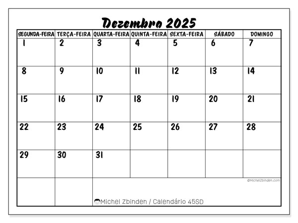 Calendário para imprimir, Dezembro 2025, 45SD
