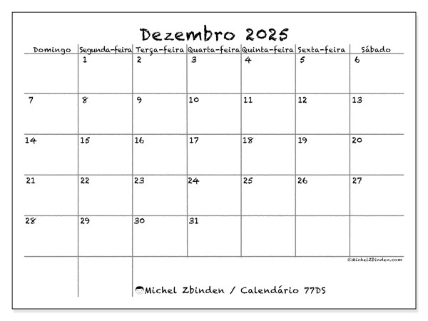 Calendário para imprimir, Dezembro 2025, 77DS