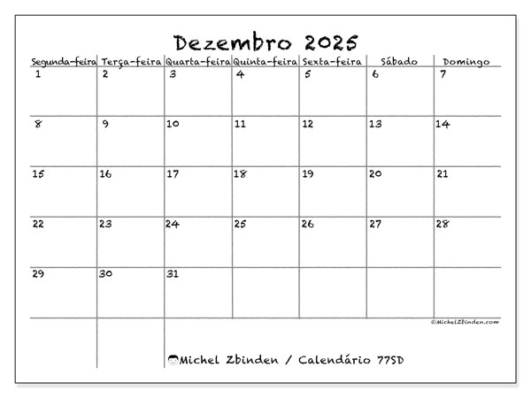 Calendário para imprimir, Dezembro 2025, 77SD