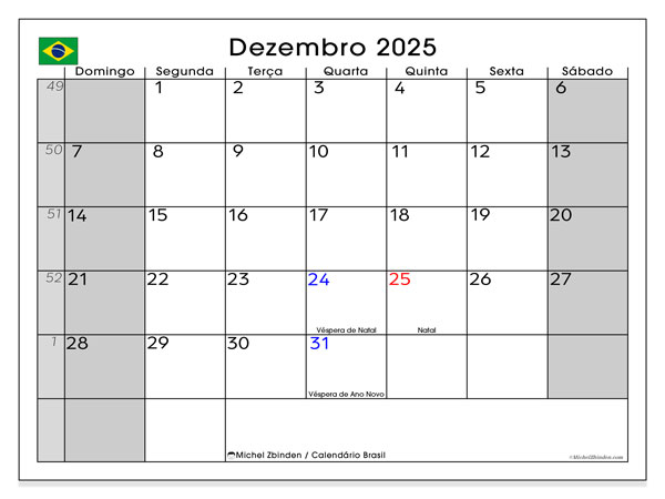 Tulostettava kalenteri, joulukuu 2025, Brasilia (DS)
