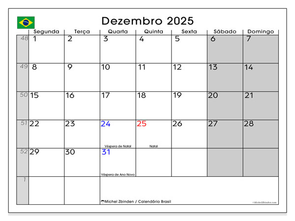 Kalender zum Ausdrucken, Dezember 2025, Brasilien (SD)