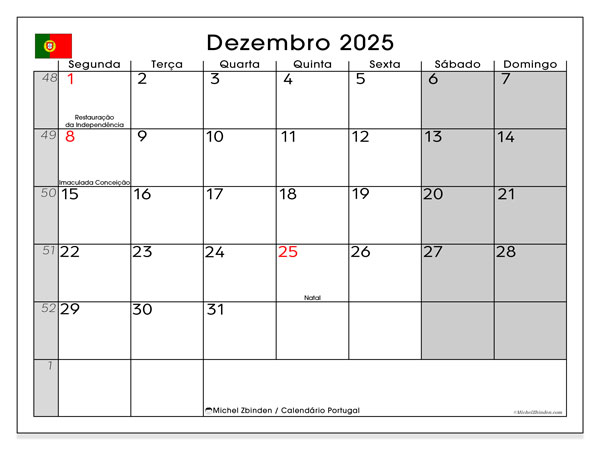 Calendário para imprimir, Dezembro 2025, Portugal