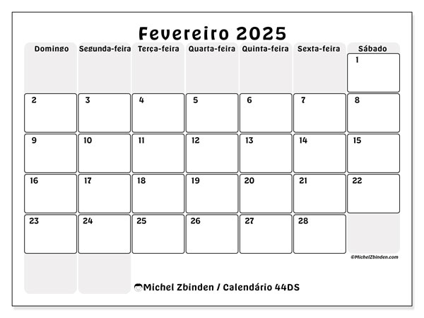 Calendário Fevereiro 2025 “44”. Horário gratuito para impressão.. Domingo a Sábado
