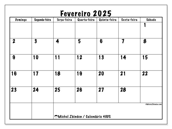 Calendário Fevereiro 2025 “48”. Horário gratuito para impressão.. Domingo a Sábado