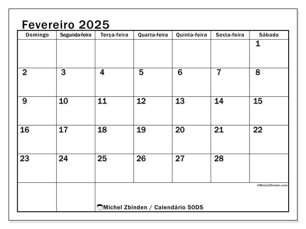 Calendário Fevereiro 2025 “50”. Calendário gratuito para imprimir.. Domingo a Sábado