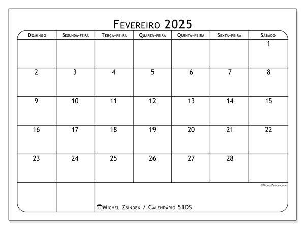 Calendário Fevereiro 2025 “51”. Calendário gratuito para imprimir.. Domingo a Sábado