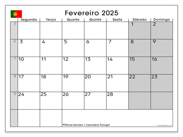 Calendário Fevereiro 2025 “Portugal”. Mapa gratuito para impressão.. Segunda a domingo