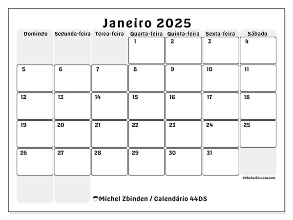 Calendário Janeiro 2025, 44DS. Programa gratuito para impressão.