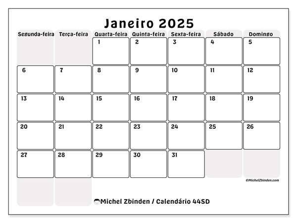 Calendário Janeiro 2025 “44”. Horário gratuito para impressão.. Segunda a domingo
