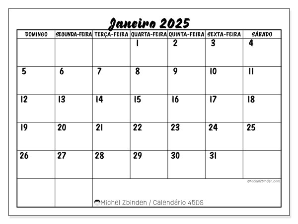 Calendário Janeiro 2025 “45”. Jornal gratuito para impressão.. Domingo a Sábado