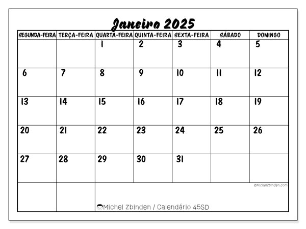 Calendário Janeiro 2025, 45SD. Programa gratuito para impressão.