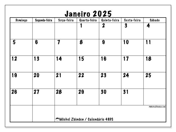 Calendário Janeiro 2025 “48”. Mapa gratuito para impressão.. Domingo a Sábado