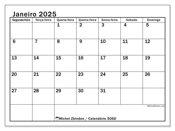 Calendário Janeiro 2025 “50”. Horário gratuito para impressão.. Segunda a domingo