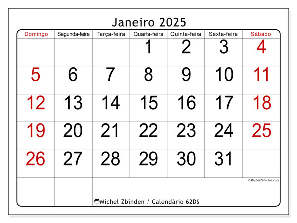 Calendário Janeiro 2025 “62”. Mapa gratuito para impressão.. Domingo a Sábado