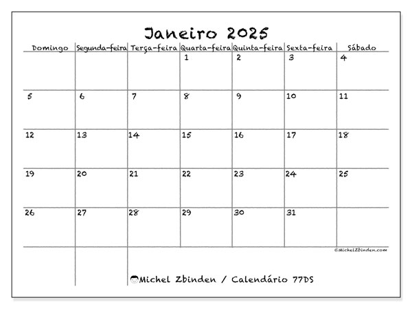 Calendário para imprimir, Janeiro 2025, 77DS
