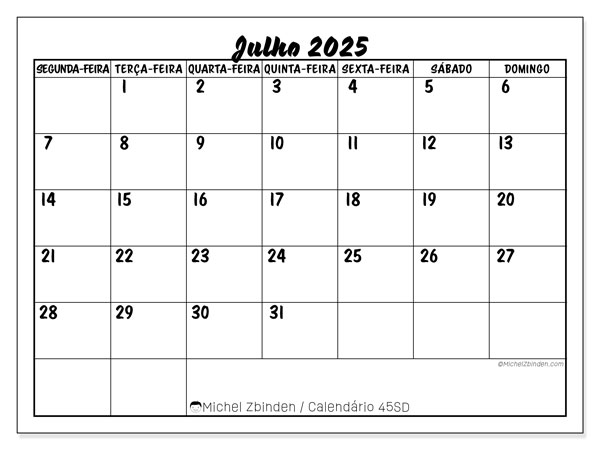 Calendário para imprimir, Julho 2025, 45SD