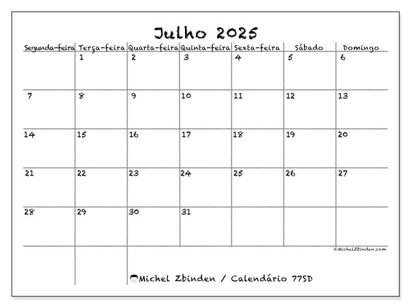 Calendário para imprimir, Julho 2025, 77SD
