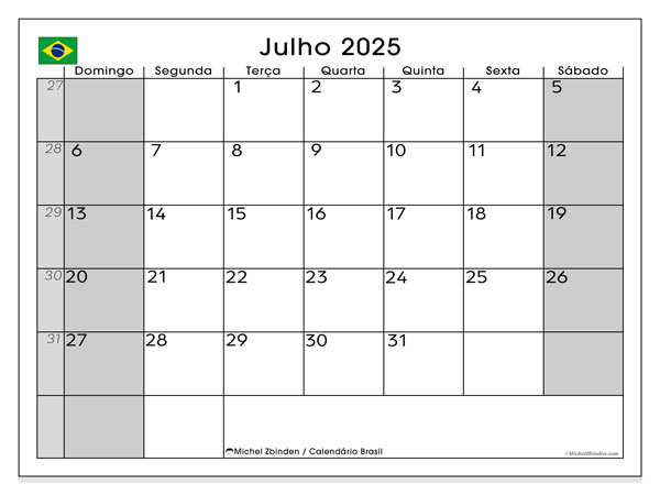 Kalender att skriva ut, juli 2025, Brasilien (DS)