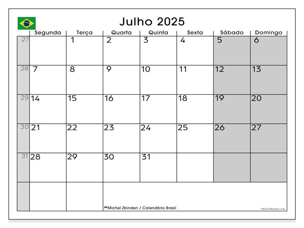 Kalender for utskrift, juli 2025, Brasil (SD)