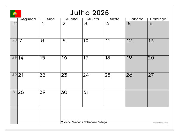 Kalendarz do druku, lipiec 2025, Portugalia