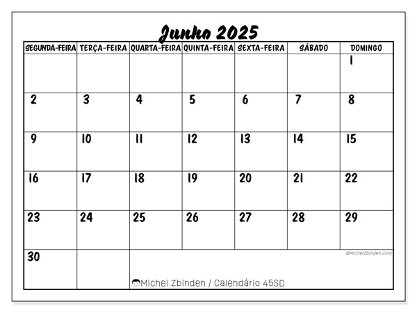 Calendário para imprimir, Junho 2025, 45SD