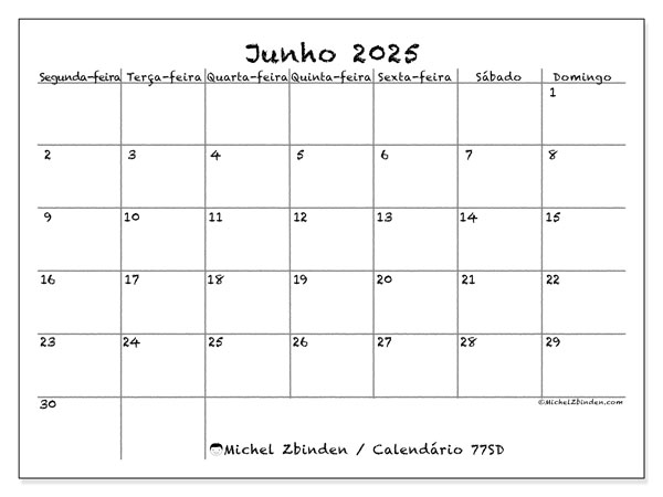 Calendário para imprimir, Junho 2025, 77SD