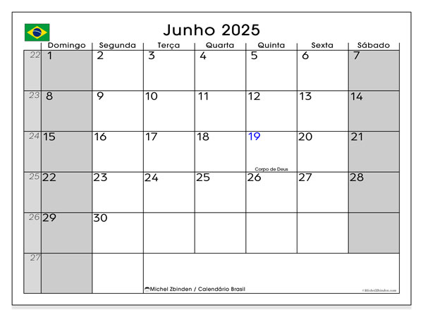 Tulostettava kalenteri, kesäkuu 2025, Brasilia (DS)